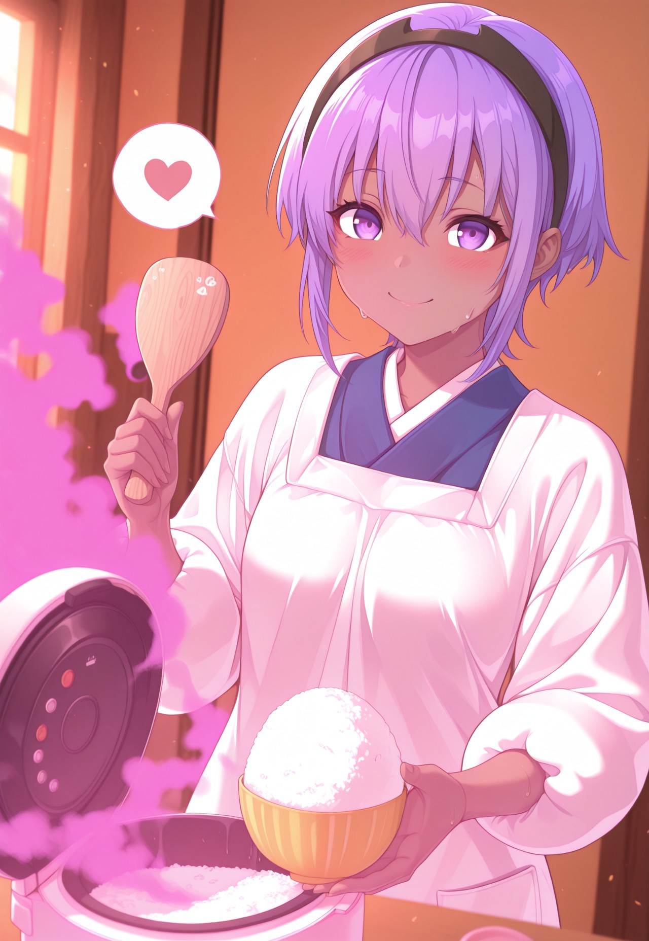 1girl, general, dark-skinned female, short hair, hair between eyes, purple hair, purple eyes, kappougi, hairband, small breasts, smile, blush, sweat, looking at viewer, spoken heart, colorful smoke, rice cooker, shamoji, rice bowl, purple rice, masterpiece, best quality, amazing quality,