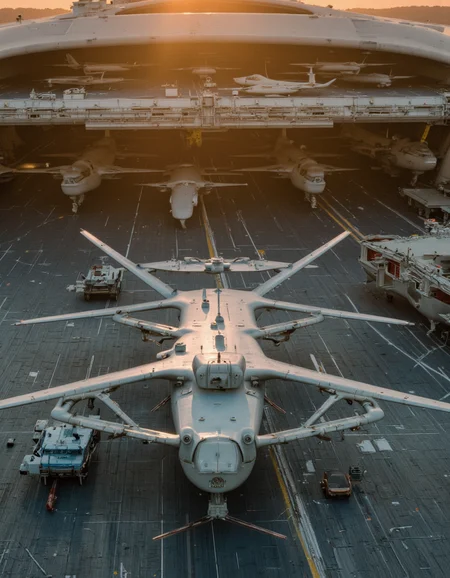 By Paul Chadeisson. A photo-realistic shoot from a bird's eye view about a large aircraft carrier with multiple drones parked on its flight deck during sunset. the image also shows the aircrafts on the flight deck and the aircraft carrier in the background. on the middle of the image, a large, unmanned aircraft, known as a mq-9 reaper, is positioned on the aircraft deck. the aircraft is facing the viewer and appears to be in the process of taking off. it has a sleek, metallic body with multiple propellers and a camera mounted on the front. the cockpit is visible on the right side of the aircraft. in the foreground, a blue vehicle can be seen parked on the deck of the ship. the background features a large hangar with multiple aircrafts and a ship in the distance. the lighting is warm and golden, casting a golden glow over the scene.