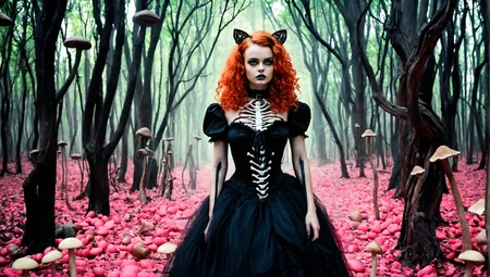 (style of Camille Rose Garcia), gothic female figure in a poisoned candy forest, trees shaped like skeletal hands, vibrant yet dark pastel hues, eerie glowing mushrooms, sharp contrasts between sweetness and decay, doll-like but menacing aura, large bosom, cleavage, smooth skin, bright eyes, full cheeks, plump lips, soft facial features, fresh-faced, hourglass figure woman, award-winning editorial masterpiece, 1girl, 18yo woman, gorgeous, cute face, cute girl, dynamic composition, engaging narrative, high-quality details, evocative mood, immersive scene, realistic textures, captivating atmosphere, stop-motion animation, intricate details, seamless integration, Sophoria_Comatosa