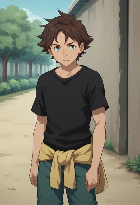 score_9, score_8_up, score_7_up, source_anime, highly detailed,
renton, 1boy, male focus, brown hair, blue eyes, solo, clothes around waist, shirt, standing, black shirt, short sleeves, pants, short hair, t-shirt, green pants, 
outdoor,