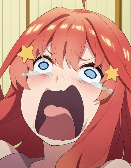 score_9, score_8_up, score_7_up, source_anime, <lora:itsuki-nakano-s2-ponyxl-lora-nochekaiser:1>, itsuki nakano, bangs, blue eyes, hair between eyes, ahoge, red hair, star (symbol), hair ornament, star hair ornament, mature female, large breasts, <lora:crying-aqua-ponyxl-lora-nochekaiser:1> crying aqua, crying aqua (meme), screaming, crying, crying with eyes open, tears, tongue, open mouth,, ,