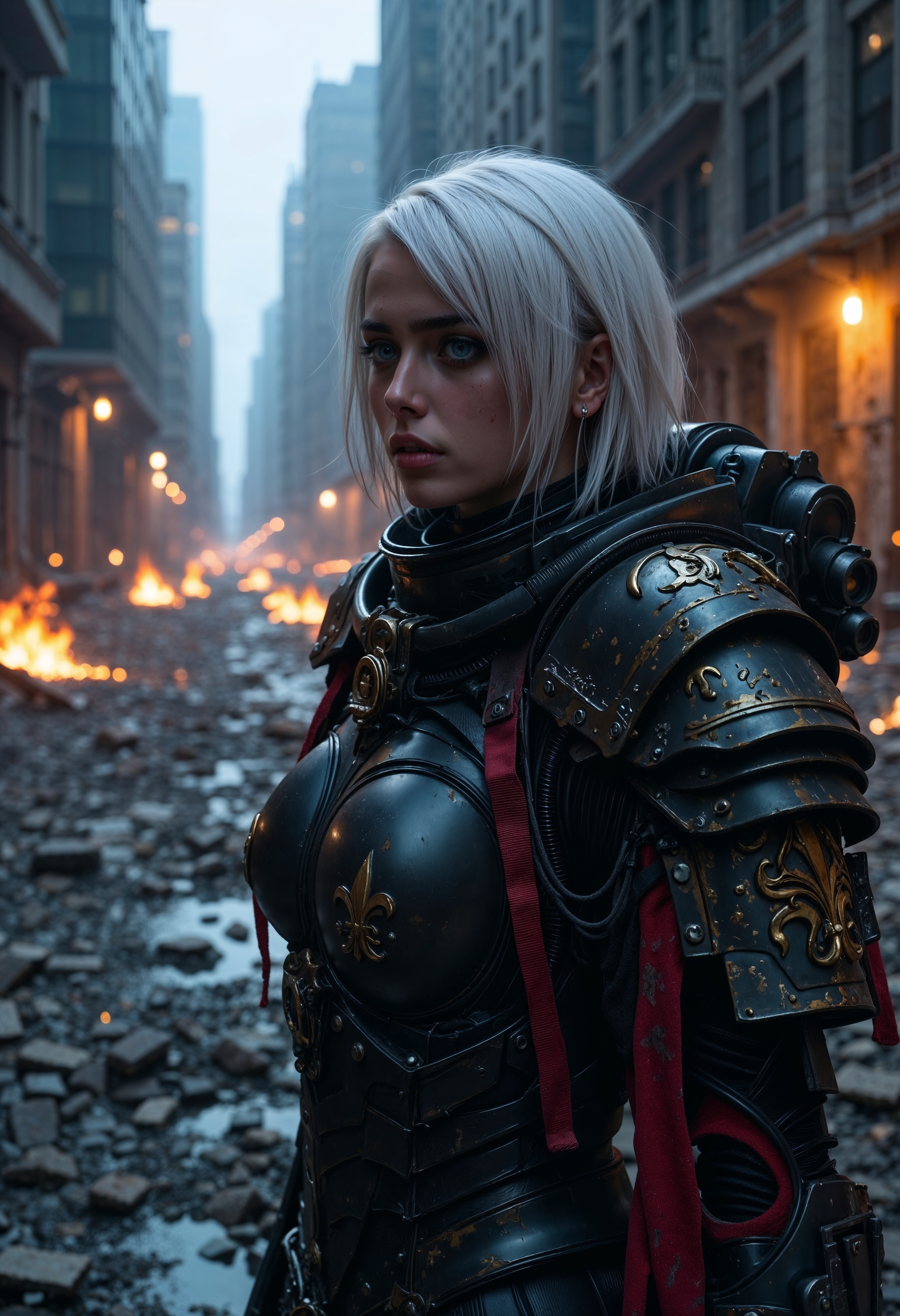 SisB40K, UHD sci-fi movie still, photograph, half-body portrait, low-angle cam, HDR, RAW. Photography. sexy girl with white hair wearing SisB40K power-armor horrified crying in post-apocalyptic demolished city at night, tears, fires, shadows, fantasy, sci-fi world, Stunning visuals, Texture, beautiful face features. beautiful eyes, glossy lips, Full body portrait  <lora:FluxSisB40K:1> <lora:FluxMythP0rtr4itStyle:0.7>