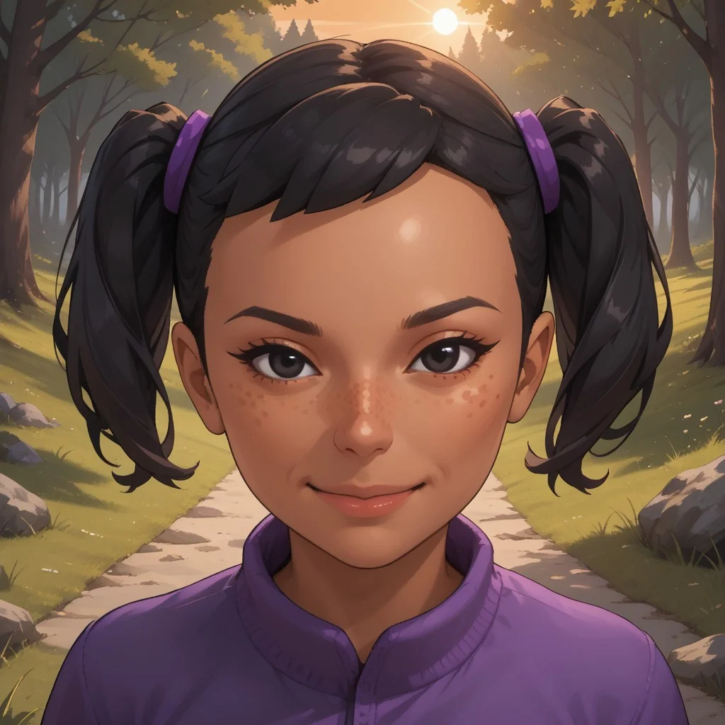 score_9, score_8, BREAK, solo, wii, mii, wii sports, 1girl, female mii, dark skin, freckles, black hair, twintails, black eyes, purple clothing, black pants, shoes, cute, Miyu_(Wii_Sports), nintendo mii, modern_mii, classic_mii, breasts, sexy pose, smile, outdoors, sunlight, shadows, evening lighting, natural lighting, forest, trees, grass, orange sky, sunset