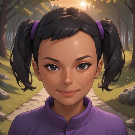 score_9, score_8, BREAK, solo, wii, mii, wii sports, 1girl, female mii, dark skin, freckles, black hair, twintails, black eyes, purple clothing, black pants, shoes, cute, Miyu_(Wii_Sports), nintendo mii, modern_mii, classic_mii, breasts, sexy pose, smile, outdoors, sunlight, shadows, evening lighting, natural lighting, forest, trees, grass, orange sky, sunset