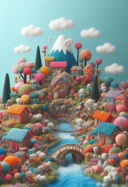 a cute detailed miniature yarn village, yrnwrld, ng_deepnegative_v1_75t, Inari shr1n3