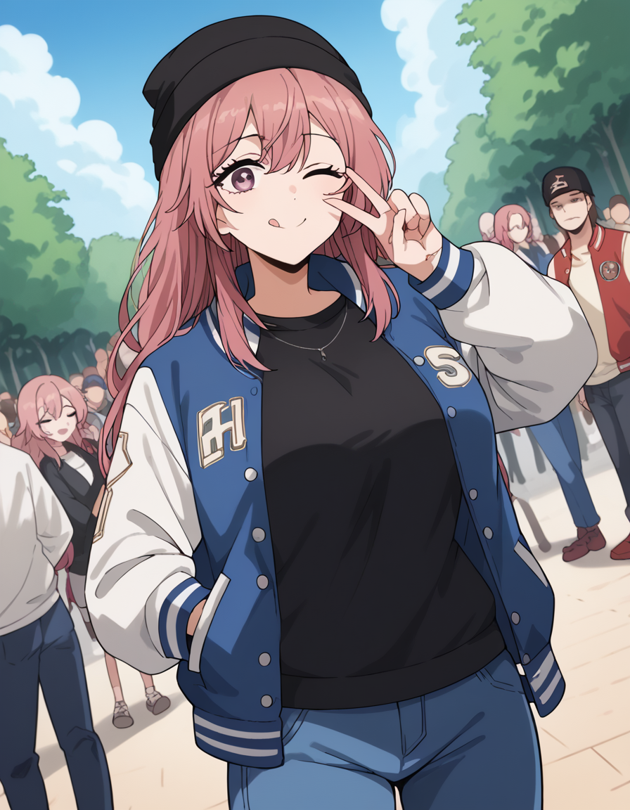 score_9, score_8_up, score_7_up, source_anime, <lora:shinju-inui-s1-ponyxl-lora-nochekaiser:1>, shinju inui, long hair, pink hair, pink eyes, large breasts,, <lora:letterman-jacket-ponyxl-lora-nochekaiser:1>, letterman jacket, jacket,, outdoors, crowd, people, v, v over eye, one eye closed, tongue out, smile, beanie, pants, open clothes, open jacket, , cowboy shot, dutch angle