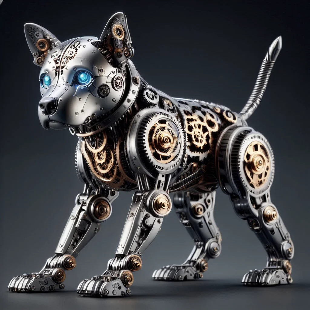 g3ars, robotic dog, cogs and gears, intricate engravings, mechanical details, ornate, luxurious, futuristic, classical aesthetic, technology, artistry, stylized, detailed craftsmanship, high-tech, imaginative, creative, sci-fi, decorative, sophisticated, elegant, stylish, unique design, collectible, modern <lora:Gears_World_Morph:1>
