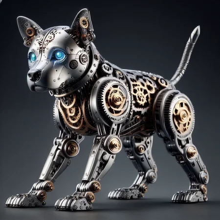 g3ars, robotic dog, cogs and gears, intricate engravings, mechanical details, ornate, luxurious, futuristic, classical aesthetic, technology, artistry, stylized, detailed craftsmanship, high-tech, imaginative, creative, sci-fi, decorative, sophisticated, elegant, stylish, unique design, collectible, modern  <lora:Gears_World_Morph:1>