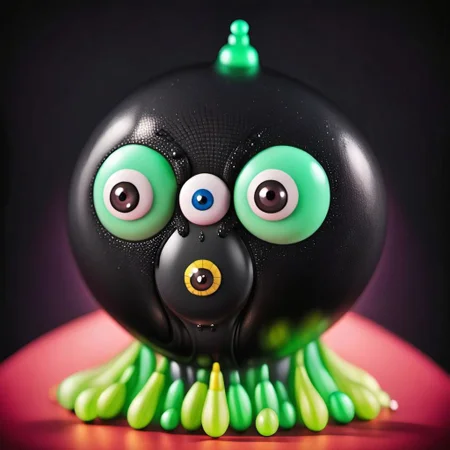 pitch black goo ball with two eyes, realistic cartoon
