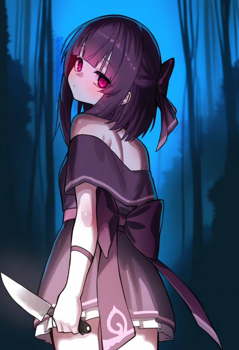 (ekrea jan, antifreez3:0.6), 1girl, fallenshadow, virtual youtuber, weapon, holding knife, looking back, unamused, (head tilt:1.2),  (glowing eyes:0.6), forest, night, mist, cowboy shot, masterpiece, best quality, very aesthetic
