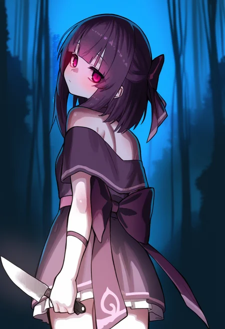 (ekrea jan, antifreez3:0.6), 1girl, fallenshadow, virtual youtuber, weapon, holding knife, looking back, unamused, (head tilt:1.2), (glowing eyes:0.6), forest, night, mist, cowboy shot, masterpiece, best quality, very aesthetic