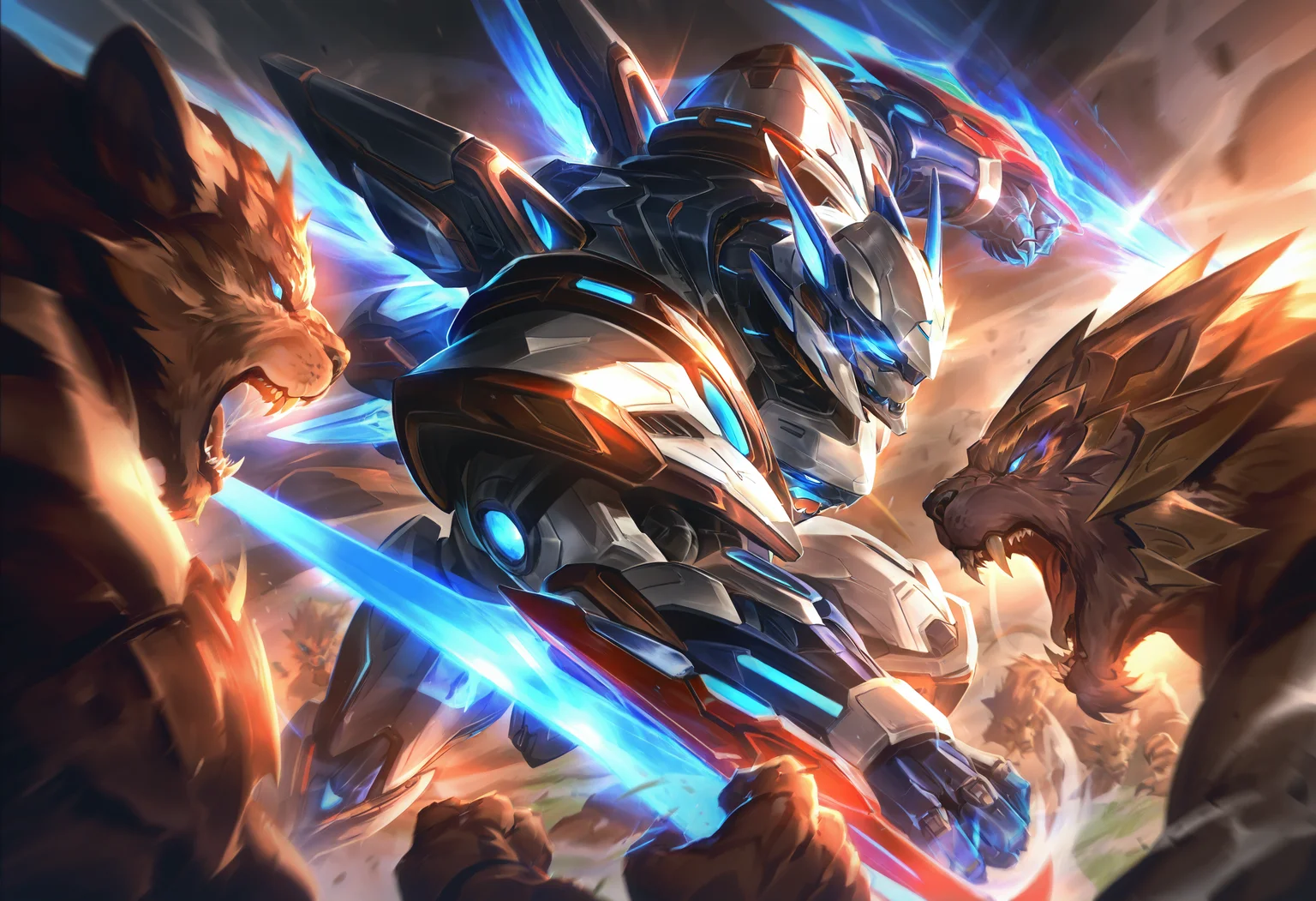 lolart,SpTASIL, 1boy, battle, blue eyes, claws, clenched hand, duel, fangs, fighting, glowing eyes, helmet, holding weapon, lion, male focus, mecha, motion blur, multiple boys, no humans, open mouth, power armor, punching, robot, science fiction, sharp teeth, solo, sword, tokusatsu <lora:lolart-ill11-v5.1:0.8000000000000002>