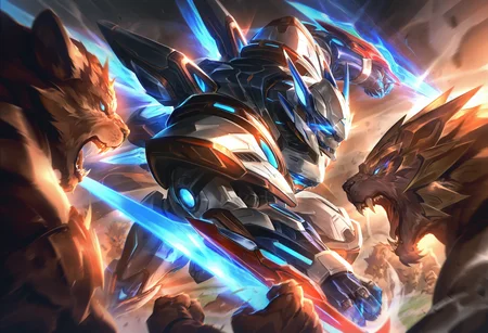 lolart,SpTASIL, 1boy, battle, blue eyes, claws, clenched hand, duel, fangs, fighting, glowing eyes, helmet, holding weapon, lion, male focus, mecha, motion blur, multiple boys, no humans, open mouth, power armor, punching, robot, science fiction, sharp teeth, solo, sword, tokusatsu <lora:lolart-ill11-v5.1:0.8000000000000002>