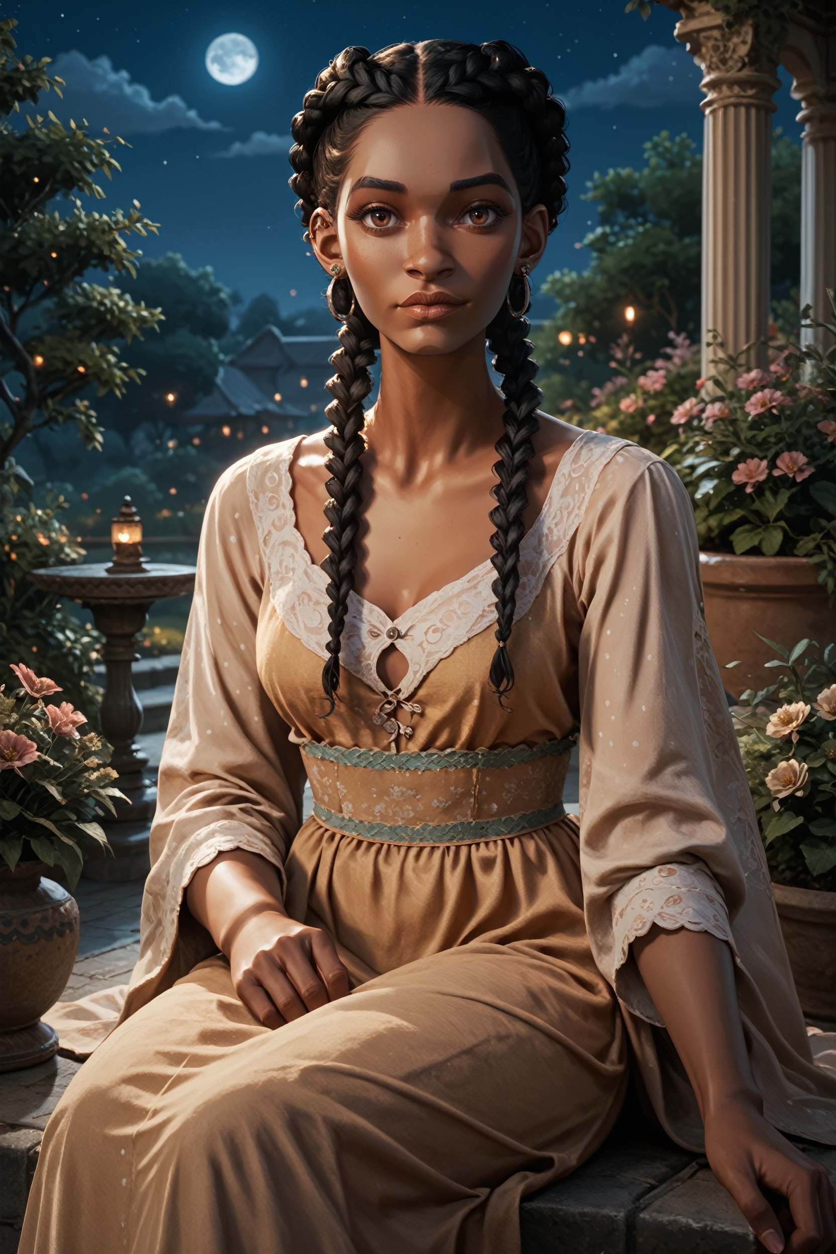score_9, score_8_up, score_7_up, score_6_up
<lora:SOMHazel:0.8>
SOMHazel, 1girl, black hair, long hair, twin braids, brown eyes, dark skin, earrings, looking at viewer, night, garden, sitting, moon, long dress