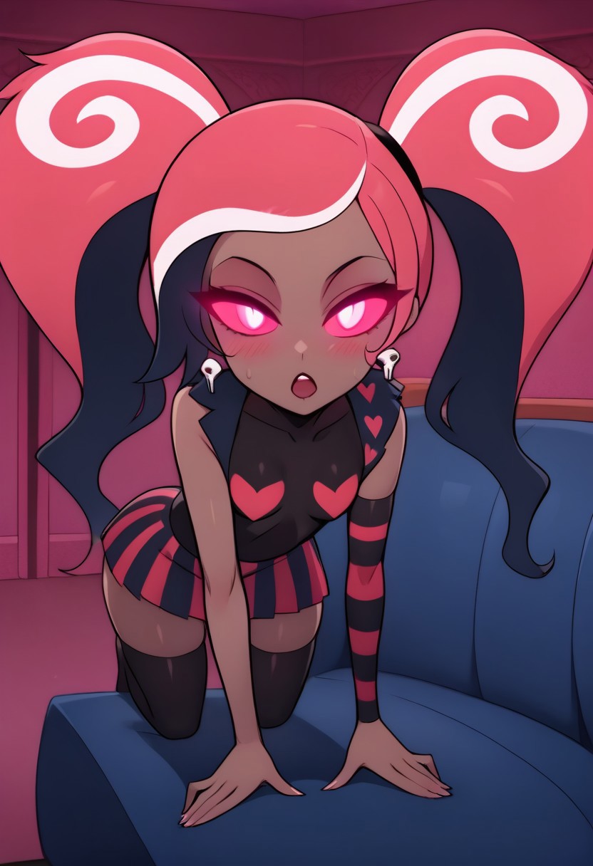 score_9, score_8_up, score_7_up,
masterpiece, best quality, detailed, amazing quality,
detailed background,
detailed eyes, clean eyes, half-closed eyes,
dynamic pose, blue couch, all fours pose, leaning forward, 
1woman,
Velvette, petite, twin ponytails, small breasts, wide hips, dark skin, striped skirt, black thighhighs,
open mouth, blush, looking at viewer, expressionless, from above, 
easynegative, hypno wave, glowing eyes, glowing waves,
