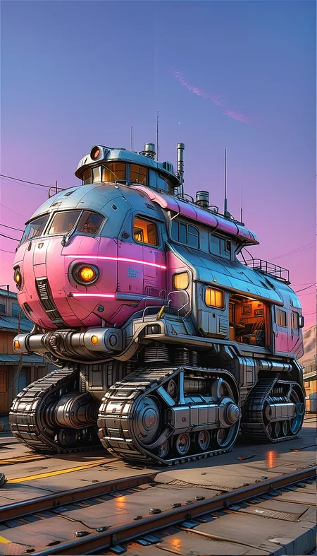 (cel-shading:2)+, (in ARTIST style:1.6), (masterpiece:1.7), glow pink neon, hyperrealism, glossy, shinny, clear image, accurate picture, clear picture, precise image, focused image, Science fiction style, Science fiction, (cozy comfy ground vehicle, motor vehicle, vehicle focus, train, truck, scenery, military, Tracked Vehicle, Traction City, gray paint, (neon cyberpunk city background), mecha comic style),
comic style, (ultra sharp focus:2), (thin lines:2), (best quality:1.8),
(masterpiece:1.8), (highest detailed:1.8), perfectly lighted, (contrast), (saturated), (((sharp focus))),
(hyperdetailed:1.3), (intricate details:1.2), (Refined details:1.3), (best quality:1.5), highly detailed textures, vibrant colors,
(ultra sharp focus:1.8), (detailed texture:1.8), (detailed edges:1.8), (thin lines:1.8), (best quality:1.8),
<lora:Apparatus_-_Traction_City_Walkers_Vehicles:0.8>,