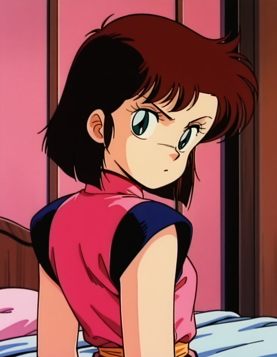 masterpiece, best quality, uncensored,  arms at sides, (head tilt), upper body, angry, solo, bedroom, 
<lora:Yan0:1>, Yan0, 1girl, short hair, brown hair, green eyes, pink china dress,looking back, 1980s \(style\),