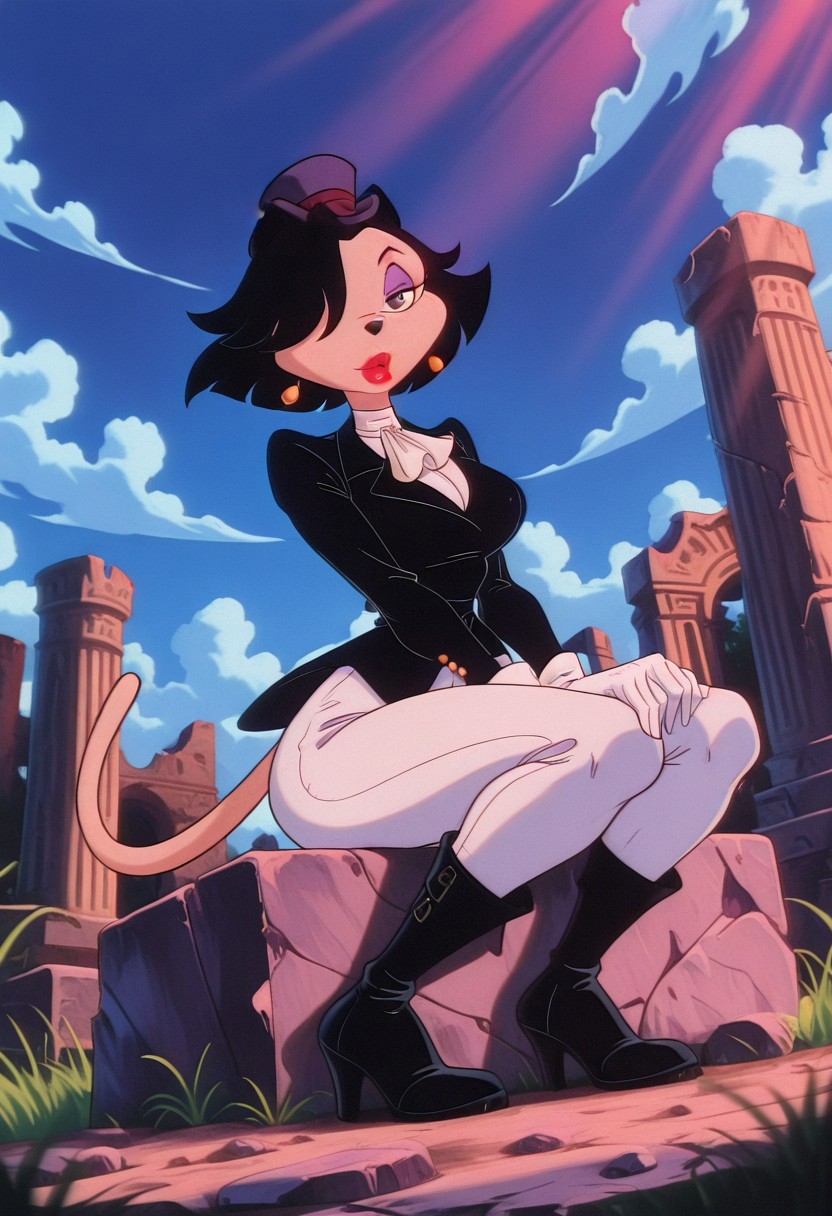 KatyaLeggsgowannalotMS, 1girl, solo, furry female, anthro, short hair, black hair, hair over one eye, black eyes, eyeshadow, black snout, lips, red lipstick, earrings, large breast, thick thighs, tail, top hat, black jacket, white shirt, ascot, white pants, black boots, white gloves,
,seductive pose, sexy pose, tease, 
masterpiece, best quality, ultra-detailed, very aesthetic, detailed background, very aesthetic, newest, scenery, highres, 4k, absurdres, 8k, colorful,vibrant, glowing, perfect face, 2d, perfect eyes, detailed eyes, 
 masterpiece, best quality, ultra-detailed, very aesthetic, newest, scenery, absurdres, perfect anatomy, , perfect face, perfect eyes, mature body, clear eyes, beautiful eyes, athletic, curvy body, athletic girl, perky tits, perfect tits, round breasts, pinup pose, teasing, lustful expression,
muscular female, dutch angle, 
floating hair, floating clothes, outdoors, sitting, stone, ruins, blue sky, cloud, grass,
,detailed eyes, Smooth Negative, highres, absurdres, uncensored , vibrant saturated colors, volumetric lighting,wide depth of field, sharp, ray tracing, 
dark_fantasy_style, dark fantasy, retro,