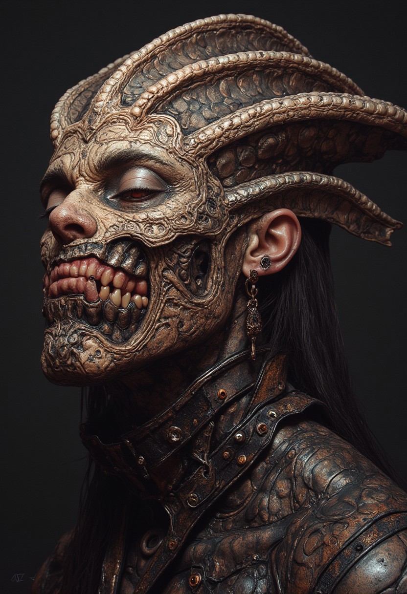 An extravagant "Monster Makeover" challenge where contestants, paired with GWAR-styled creatures wearing wigs and makeup tools, compete to transform each other into the most glamorous alien overlord, using glitter, bright paint, and oversized costume jewelry.
, in the styles of Royo's dark, mystical realism, Artgerm's hyper-detailed, metallic sheen, and Lovecraft's eerie, atmospheric tension, with meticulous attention to intricate textures, dramatic shading, and a sense of haunting, ethereal beauty.