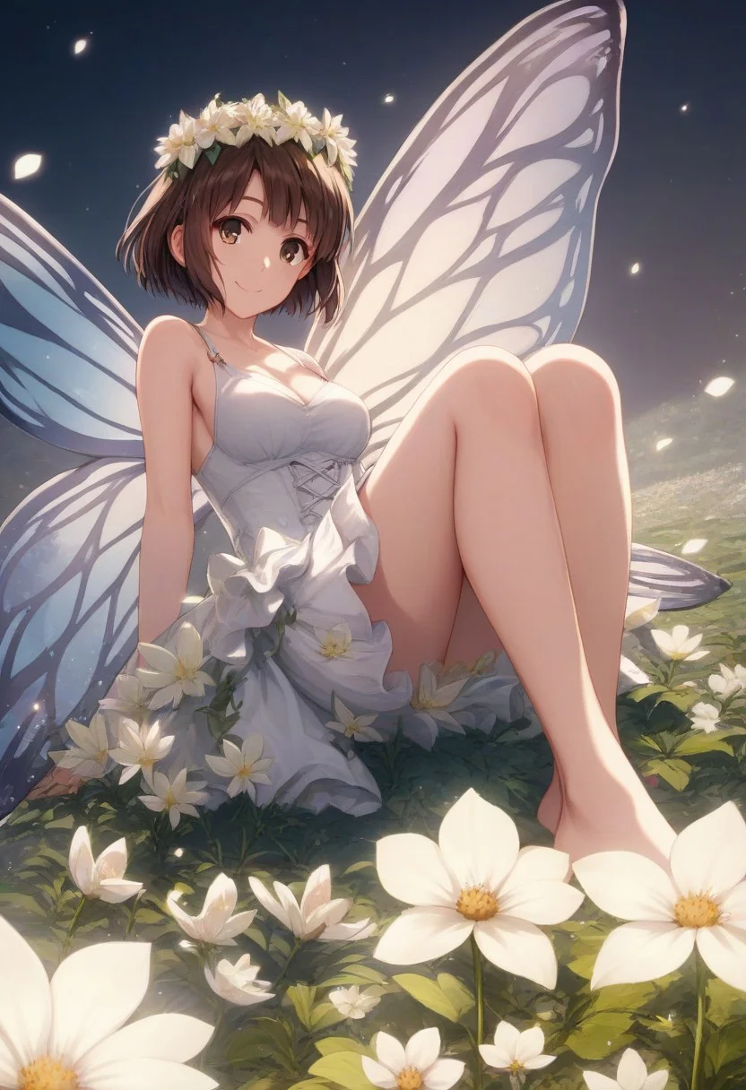 score_9, score_8_up, score_8, score_7_up, score_7, source_anime,
1girl, katou megumi, Megumi <lora:KatoMegumi:1>,brown hair,katou megumi,brown eyes, short hair , medium breasts,  solo, Looking at viewer, masterpiece, best quality, fairy-tale dress, delicate flower crown, gossamer wings, magical garden background, giant mushrooms, glowing fireflies, blooming magical flowers, climbing ivy, fairy lights, sitting on oversized flower, barefoot, innocent smile, butterfly nearby, dappled sunlight through leaves, mystical fog, dreamy atmosphere, soft pastel colors, macro perspective shot, magical particles in air