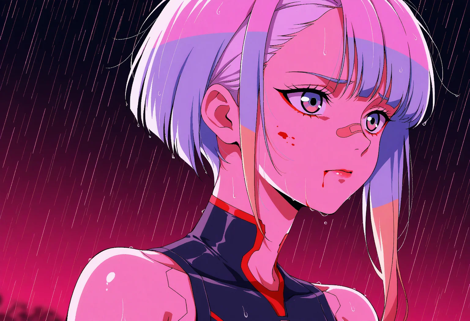 1girl,solo,lucy \(cyberpunk\),cyberpunk edgerunners, short hair, bangs, red eyeliner, bare shoulders, black bodysuit, portrait, blood on face, bandaid on nose,blurry background, pink lighting, night, dark, pink theme, rain
,sensitive, looking afar,sad
, <lora:oekaki:1.0> 1990s \(style\), anime coloring,, masterpiece, best quality, amazing quality, <lora:dmd2_sdxl_4step_lora:1> ,