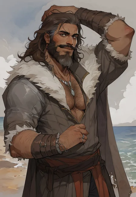 safe_pos, safe_pos, safe_pos, score_9, score_8_up, 1boy, IfanBM, mature male, tan skin, facial hair, muscular, aging, DILF, ((beard)), facial hair, moustache:.3, ((brown hair, grey streaks)), ((grey streaks)), long hair, wavy hair, ((fantasy style clothing, fur-trim)), (beach paradise), watercolor \(medium\), traditional media, hairy chest, very hairy, (looking at viewer flustered), dutch angle, Expressiveh, smirk, lips slightly apart, sexy posing, ((fantasy clothing)), jewelry, rings, manly, necklace, bracelet, dynamic pose, 