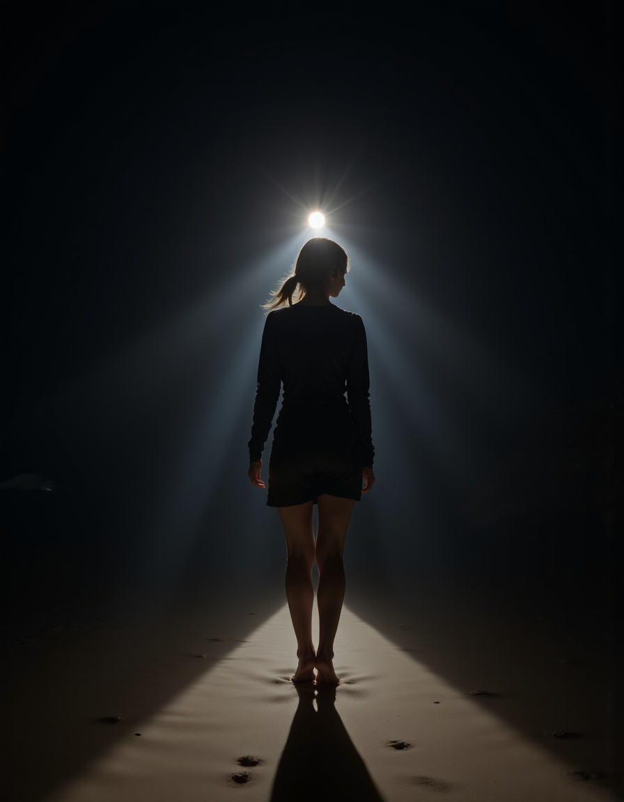 walk-in, Rembrandt style (Night scene:1.8), <lora:Guin-FluxX:1>, (in the rays of light,:1.7), on the sand on starry sea beach, absurdres, <lora:SuperModel-V8:1>, Guin, exhibitionism . Baroque, chiaroscuro, realistic, emotional, "flat, lighting