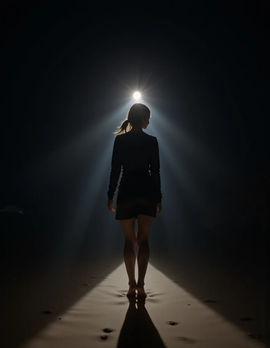 walk-in, Rembrandt style (Night scene:1.8), <lora:Guin-FluxX:1>, (in the rays of light,:1.7), on the sand on starry sea beach, absurdres, <lora:SuperModel-V8:1>, Guin, exhibitionism . Baroque, chiaroscuro, realistic, emotional, "flat, lighting