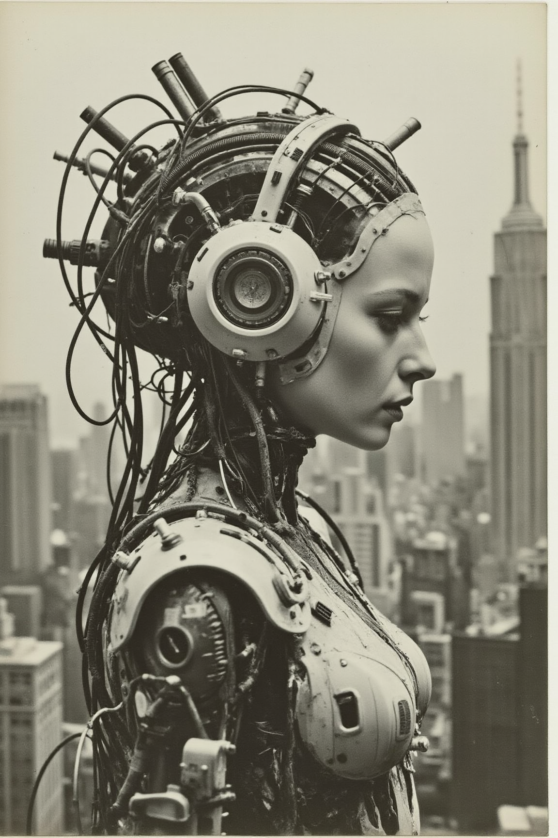 YFG-V1nt, The image is a black and white portrait of a futuristic woman's head and upper body. The woman is facing away from the camera, with her head tilted slightly to the side. The head is made up of various objects, including wires, cables, and other mechanical equipment. The objects are arranged in a chaotic manner, with some overlapping and some standing upright. The wires and cables are intertwined, creating a sense of movement and energy. The mechanical equipment is mostly white, with a circular emblem in the center. The background is a cityscape, with tall buildings visible in the distance. The overall mood of the image is chaotic and futuristic.
