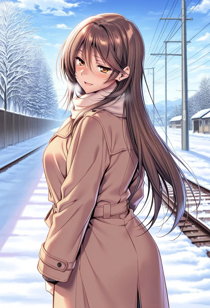 general,highres, ultra-detailed,very aesthetic,best quality ,best hands,masterpiece, best quality, newest, highres, score_9, score_8_up, score_7_up, source_anime, rating_explicit,1girl, yokota mamoru style,motion lines,Very straight nose,slim,slender face,perfect nose,torogao,seductive smile,looking at the viewer
Ichinose Honami,Brown hair, hair Parted to Side, Sidehair, Spiky Bangs, Waist Length hair,long hair,amber eyes,slim
1girl, snow, solo, outdoors, railroad tracks, sky, tree, coat, day, cloud, winter, long hair, brown hair, blue sky, power lines, standing, sign, looking back, utility pole, winter clothes, cowboy shot, highly detailed