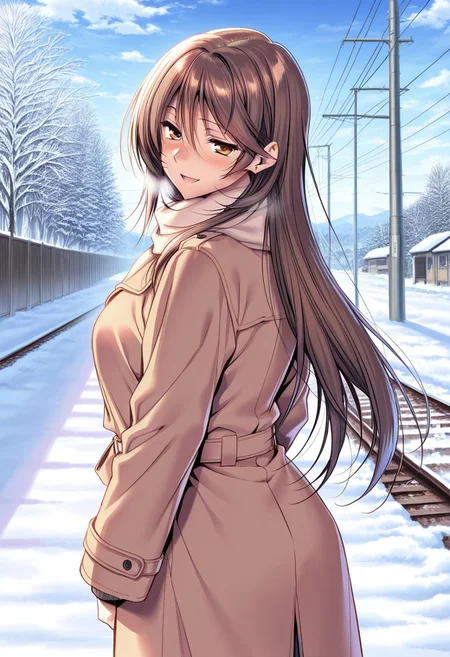 general,highres, ultra-detailed,very aesthetic,best quality ,best hands,masterpiece, best quality, newest, highres, score_9, score_8_up, score_7_up, source_anime, rating_explicit,1girl, yokota mamoru style,motion lines,Very straight nose,slim,slender face,perfect nose,torogao,seductive smile,looking at the viewer
Ichinose Honami,Brown hair, hair Parted to Side, Sidehair, Spiky Bangs, Waist Length hair,long hair,amber eyes,slim
1girl, snow, solo, outdoors, railroad tracks, sky, tree, coat, day, cloud, winter, long hair, brown hair, blue sky, power lines, standing, sign, looking back, utility pole, winter clothes, cowboy shot, highly detailed