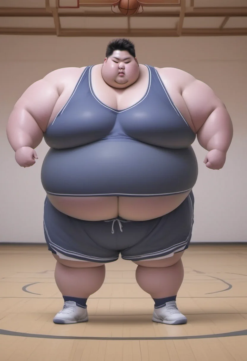 <lora:runga_8.1:0.7>thick arms, fat japanese young man, obese, superchub, male focus, fattest, fat,(Basketball court:3.0),(basketball uniform:4.0),