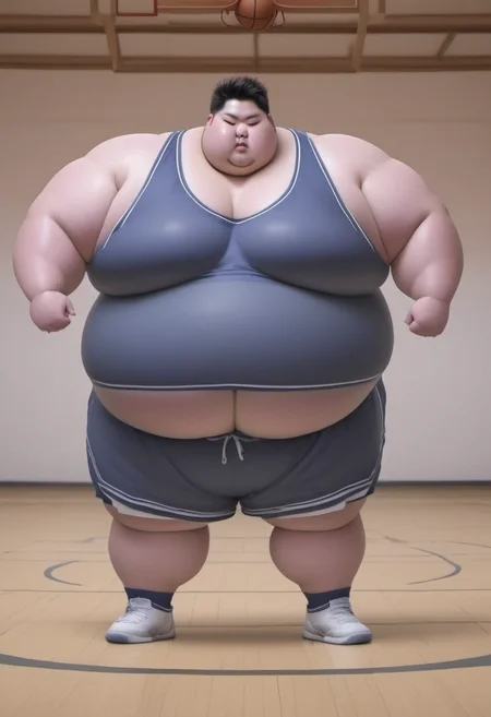 <lora:runga_8.1:0.7>thick arms, fat japanese young man, obese, superchub, male focus, fattest, fat,(Basketball court:3.0),(basketball uniform:4.0),