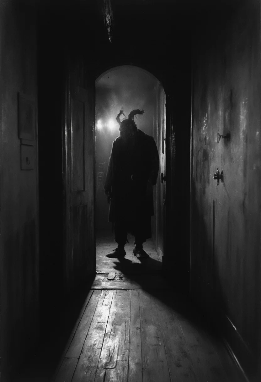 a grainy, film grain, (black and white photo:1.1), (old photo:1.1), blurry, distorted, photographic, dark, dark, sinister, a deep dark hole, Church door, with ancient evil emerging, evil, scary, horror