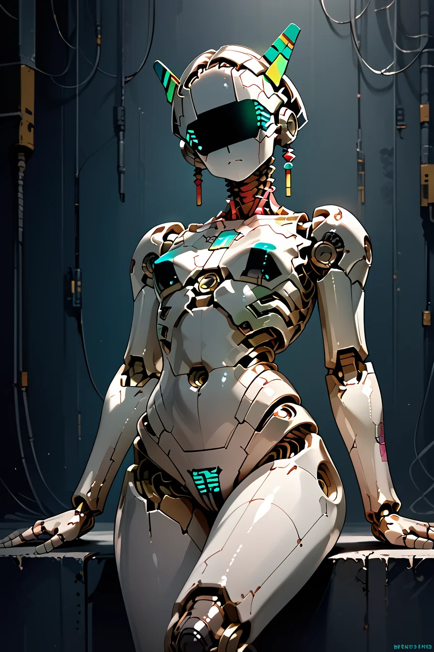 skinny, skinny legs, medium breasts, <lora:Aff_anne_droid_2_:1> anne_droid, droid, a humanoid female robot, smooth featureless face, robot joints, body made of metals, body panelling)), ((body made of shiny white metal)), white metal skin, (entirely white skin), industrial cyberpunk setting, digital eyes,, score_9, score_8_up, score_7_up, score_6_up, score_5_up, score_4_up