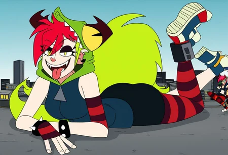 demencia, red hair, green ponytail, striped thighhighs, single striped sock, anklet, green monster hood, yellow eyes, sharp teeth, dark blue hoodie, single striped sleeve, red sneaker, blue sneaker, black skirt, smile, eyeshadow, spiked bracelet, zipper pull tab, torn pantyhose, glove, tongue out, Pov-giantess (macrogts:1.1) (laying on a city (prone) at sunset:1.1), the buildings underneath her body are crushed,
