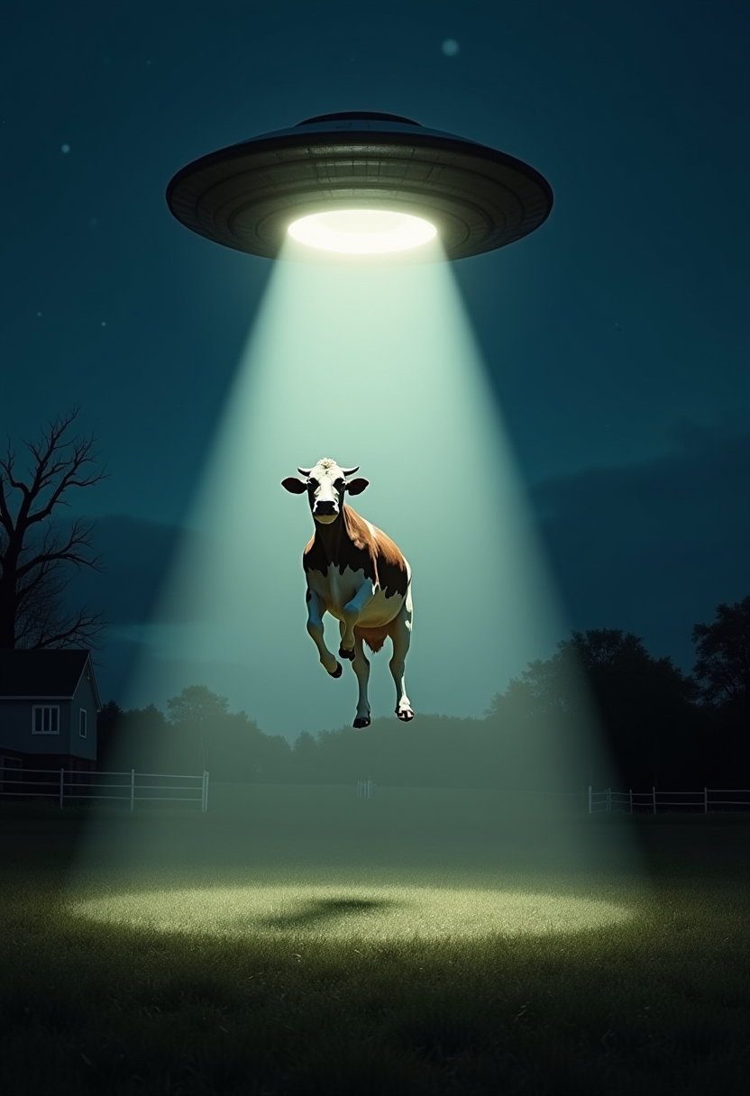 Farm at night. Big flying saucer lifts cow in beam of light. The scared cow in the air. The cow's legs are dangling.