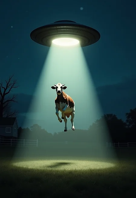 Farm at night. Big flying saucer lifts cow in beam of light. The scared cow in the air. The cow's legs are dangling.