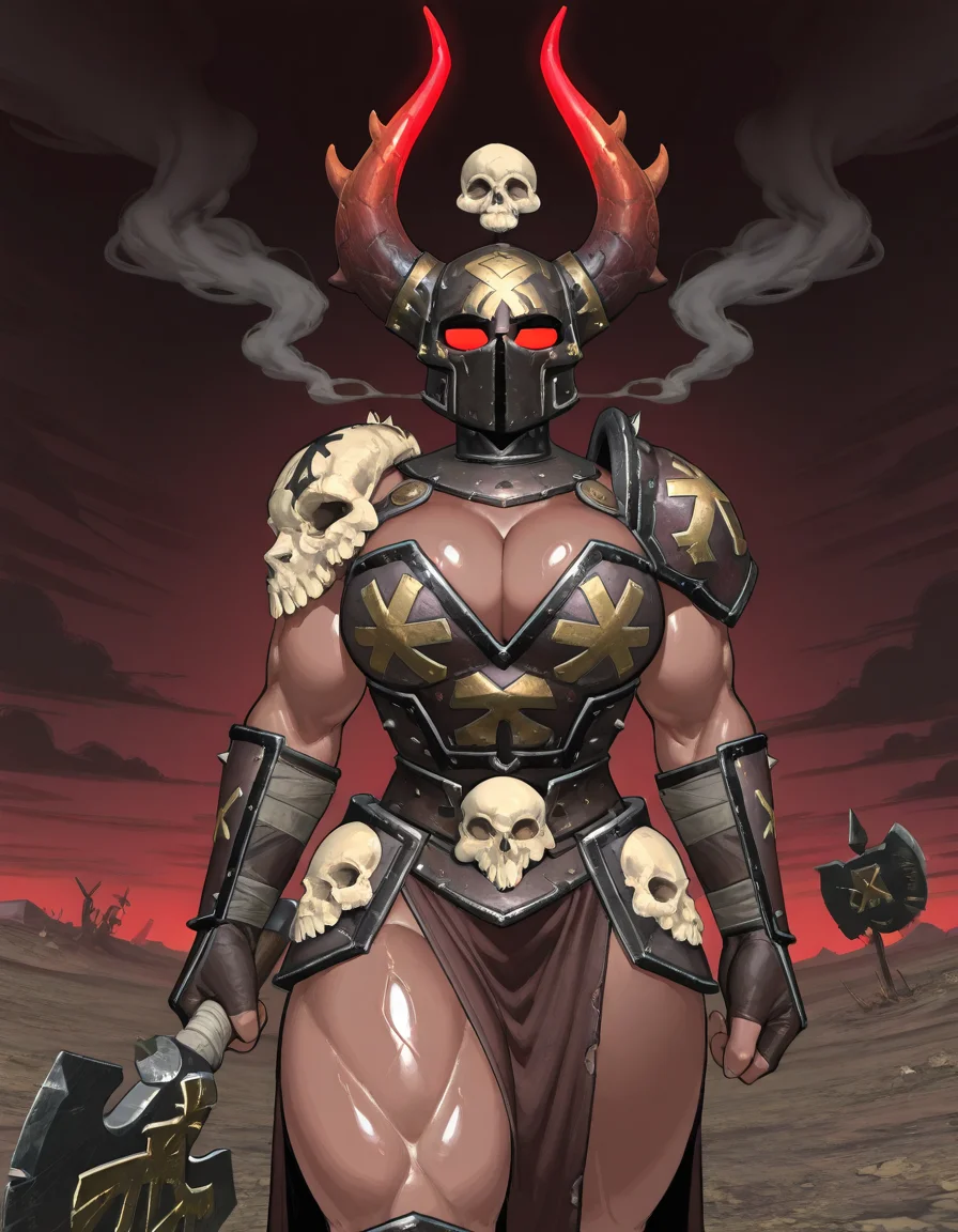 (2D,masterpiece,best quality,amazing quality,very aesthetic, absurdres, newest,looking at viewer,ultra-detailed,1 girl,solo,source_anime,cute,lovely, cleavage,curvy,breasts,wasteland,smoke,dark clouds,Simple dark red background),Arbaal the Undefeated,horned_helmet,bikini armor,axe,skull,MuscleUP,Muscular_Female,krekkov style,shiny skin,abs,glowing red eyes,helmet that completely covers the face, with a single narrow horizontal slit for the eyes, only the eyes are visible through the slit,no hair,<lora:Arbaal_the_Undefeated:1>,<lora:Breasts size slider PonyV2.2_alpha16.0_rank32_full_last:0.5>, <lora:Breasts gravity slider IXLQ5_alpha16.0_rank32_full_last:-0.8>, <lora:MuscleUp-Ilustrious Edition:0.5>, <lora:krekkov_style_ilxl_goofy:0.3>