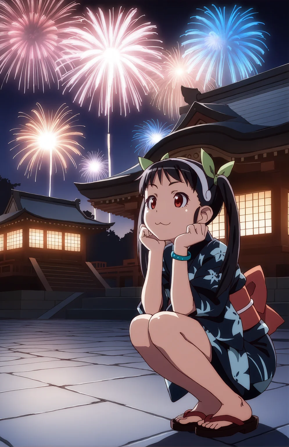 HachikujiMayoi. 1girl, solo, black hair, red eyes, twintails, hair band, green hairbow, yukata, bracelet, japanese temple, night, squatting, portrit, :3, fireworks
