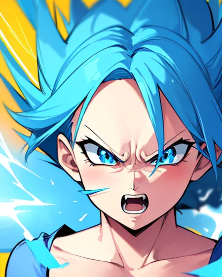 Female, masterpiece, best quality, absurdres, wallpaper, detailed face, detailed eyes, Bulma, SSJGSS, Blue hair, super Sayian blue, rage, anger, transforming, energy, crisp, <lora:Vegeta:0.41>