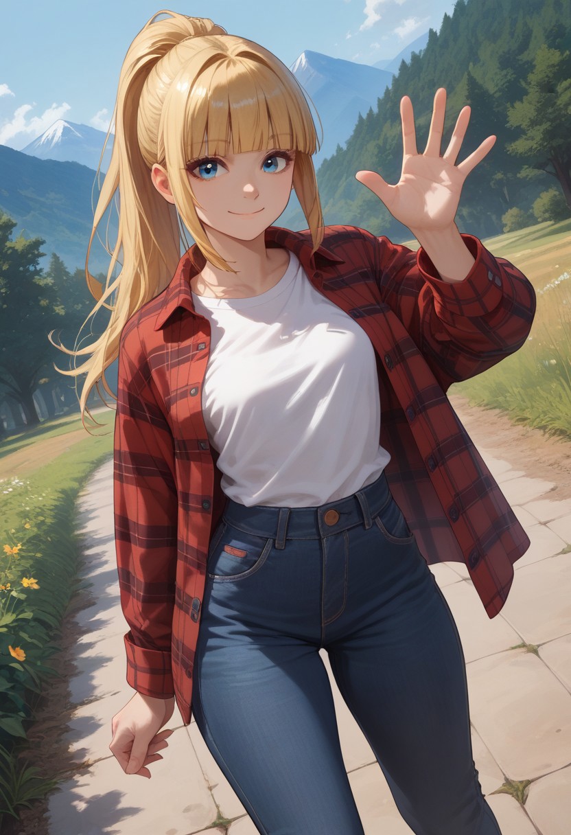 (score_9, score_8_up, score_7_up), 
dutch angle, 
1girl, solo, blonde hair, blue eyes, long hair, hime cut, bangs, small breasts, windy hair, ponytail,
flannel shirt, red flannel, white t-shirt, unbuttoned, jeans, 
BREAK, sneakers, mountain trail, full body shot, smile, waving hello, closed mouth,