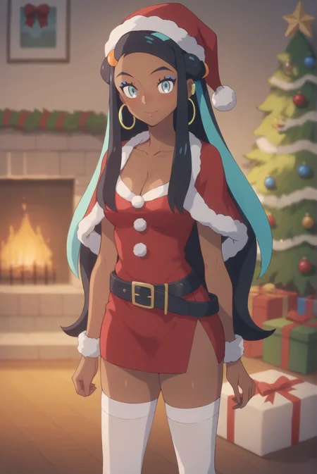 score_9, score_8_up, score_7_up, score_6_up, score_5_up, score_4_up, BREAK source_anime, 1girl, solo,
<lora:PokemonNessaXL-v1-06:0.7>, ChopioNessa, black hair, aqua hair, multicolored hair, two-tone hair, long hair, single hair bun, white hair ornament, sidelocks, orange hair beads, blue eyes, eyelashes, makeup, blue eyeshadow, hoop earrings, earclip,
dark-skinned female, mature female, [small breasts : medium breasts: 10],
indoor, living room, standing, Christmas tree, fireplace, warm glow, cleavage,
blush, looking at viewer, seductive smile, santa outfit, santa hat, belt, short skirt, white thighhighs, thighhighs, red skirt, fur trim, cleavage,