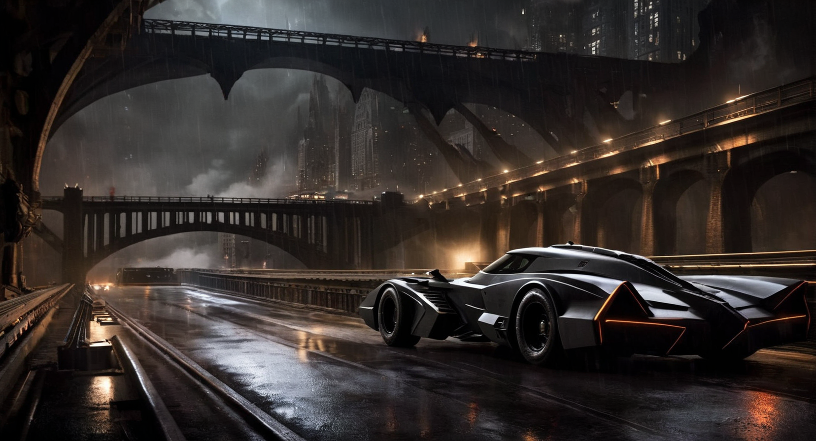 Dark Fantasy Art of  <lora:Gotham City:1.2>
Gotham City a batmobile on a bridge inside batcave, dark, moody, dark fantasy style