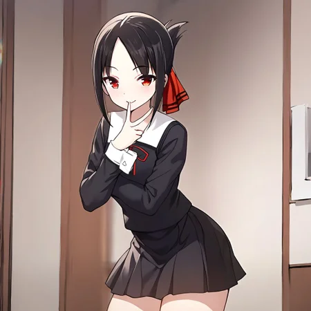 masterpiece, 1girl, kaguya, school uniform, black dress, black skirt, red ribbon, long sleeve, parted bangs, cowboy shot, v over mouth, smile, looking at viewer