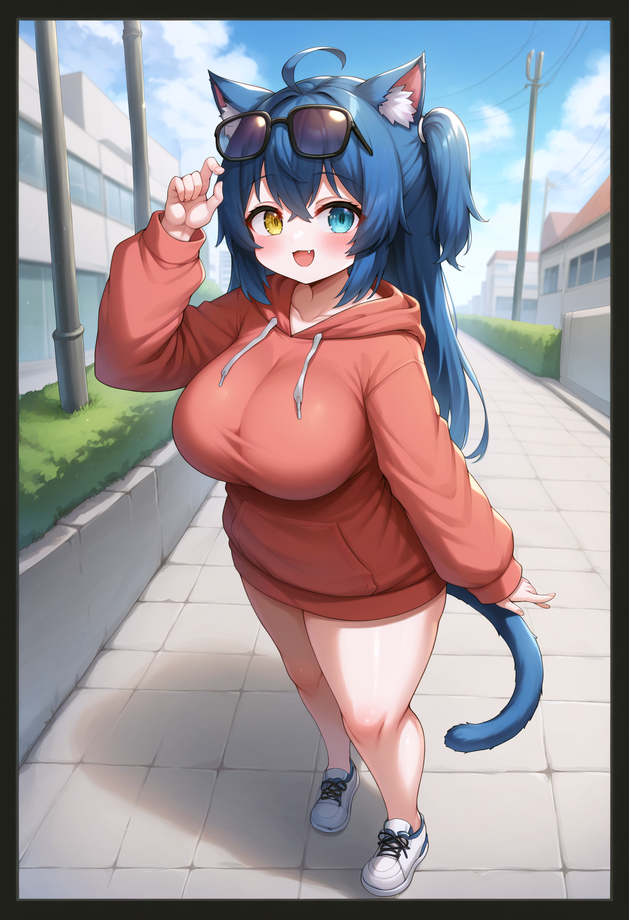 score_9, score_8_up, score_7_up, score_6_up, score_5_up, score_4_up,
white background, border, simple background, gradient background,
BREAK
source_anime, day, outdoors, sky, city, street, 
BREAK
1girl, blush,heterochromia, yellow eyes, aqua eyes,
blue hair, ahoge, long hair, bangs, hair between eyes,
open mouth, smile, fang,
animal ears, tail, cat ears,cat tail, cat girl,
hoodie, oversized hoodie, oversized clothes, 
large breasts, thick thighs, shortstack, petite,
sunglasses, eyewear on head, plump, 
walking, 
from above, from side, looking at viewer,
<lora:Ayawasuca-v2-PDXL:1>
