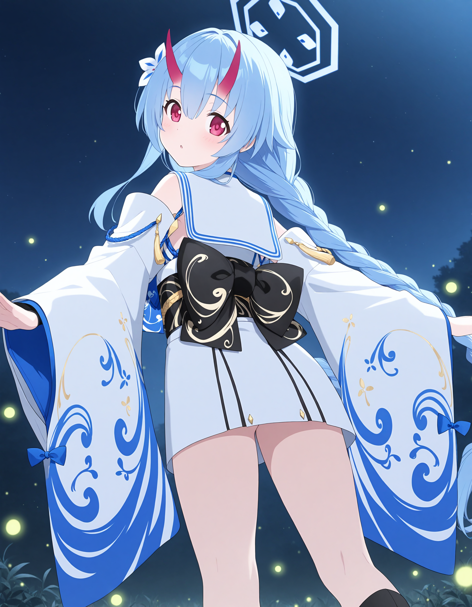 absurdres,highres,masterpiece,best quality,amazing quality,official anime artwork,outdoors,
night,standing,dynamic pose,fireflies,
from behind,upper body,looking back,spread arms,
BREAK <lora:Chise_BA_illuV01_b3g2c08:1:1:lbw=1,1,1,1,1,1,1,1,1,1,0,0>,Chise_BA,
blue hair,very long hair,twin braids,very long braids,sidelocks,hair between eyes,hair flower,white flower,red eyes,
red gradient oni horns,blue octagon halo,blue bowtie,print bowtie,
white sailor collar,blue trim on collar,blue lapels,japanese clothes,white kimono,detached sleeves,black bridal gauntlets,
white long sleeves,wide sleeves,layered sleeves,print sleeves,floral print,blue ribbon,
black obi,
black back bow,
white pleated skirt,yellow tassel,
black socks,white tabi,ribbon-trimmed tabi,okobo,
