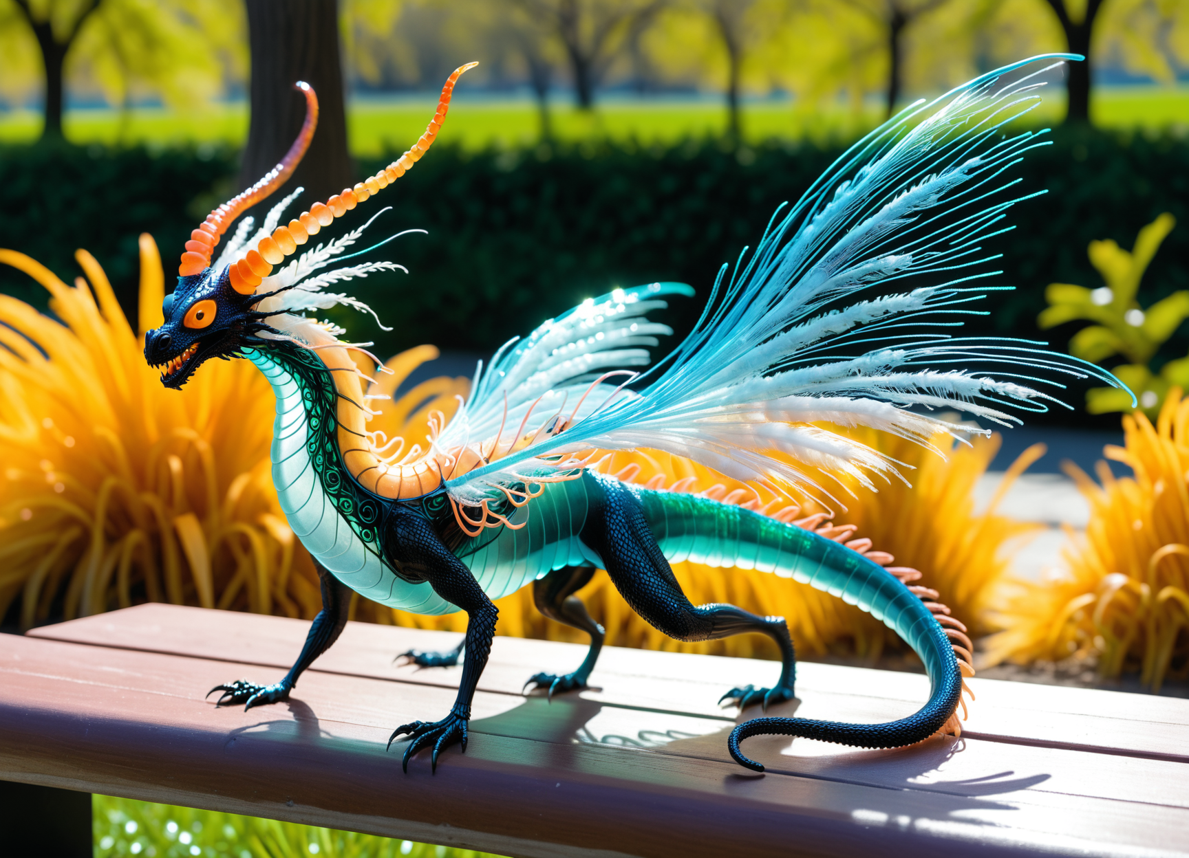 Macro Photography, Tiny Vibrant Sinuous Abstract Dragon, Legless Octomanual, Plantigrade Appendages, Tailless Long-Tailed, Hairy Fur,  Icarus Wings (enchanted wings made from wax and feathers), Long Horns  Richly Colored (made of tiny neon glass filaments:1.2)  <lora:World_of_Glass_Filament:0.81> w0gf1l (sitting on a park bench:1.1), close-up, macro 100mm, macro photography