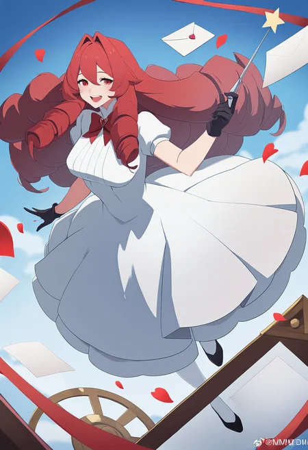 masterpiece, best quality, <lora:age_slider_v4:4>,detailed_background,outdoors,red bowtie,happy,petals,upper teeth only,holding,long hair,black gloves,frills,open mouth,solo,red hair,bowtie,1girl,wand,very long hair,dress,full body,eyelashes,teeth,mmbdm,highres,black footwear,blush,sidelocks,twintails,looking at viewer,holding wand,hair intakes,red eyes,weibo logo,heart,paper,hair between eyes,bow,white thighhighs,red bow,short sleeves,gloves,gears,thighhighs,picture frame,letter,drill hair,white dress,weibo watermark,red petals,absurdres
