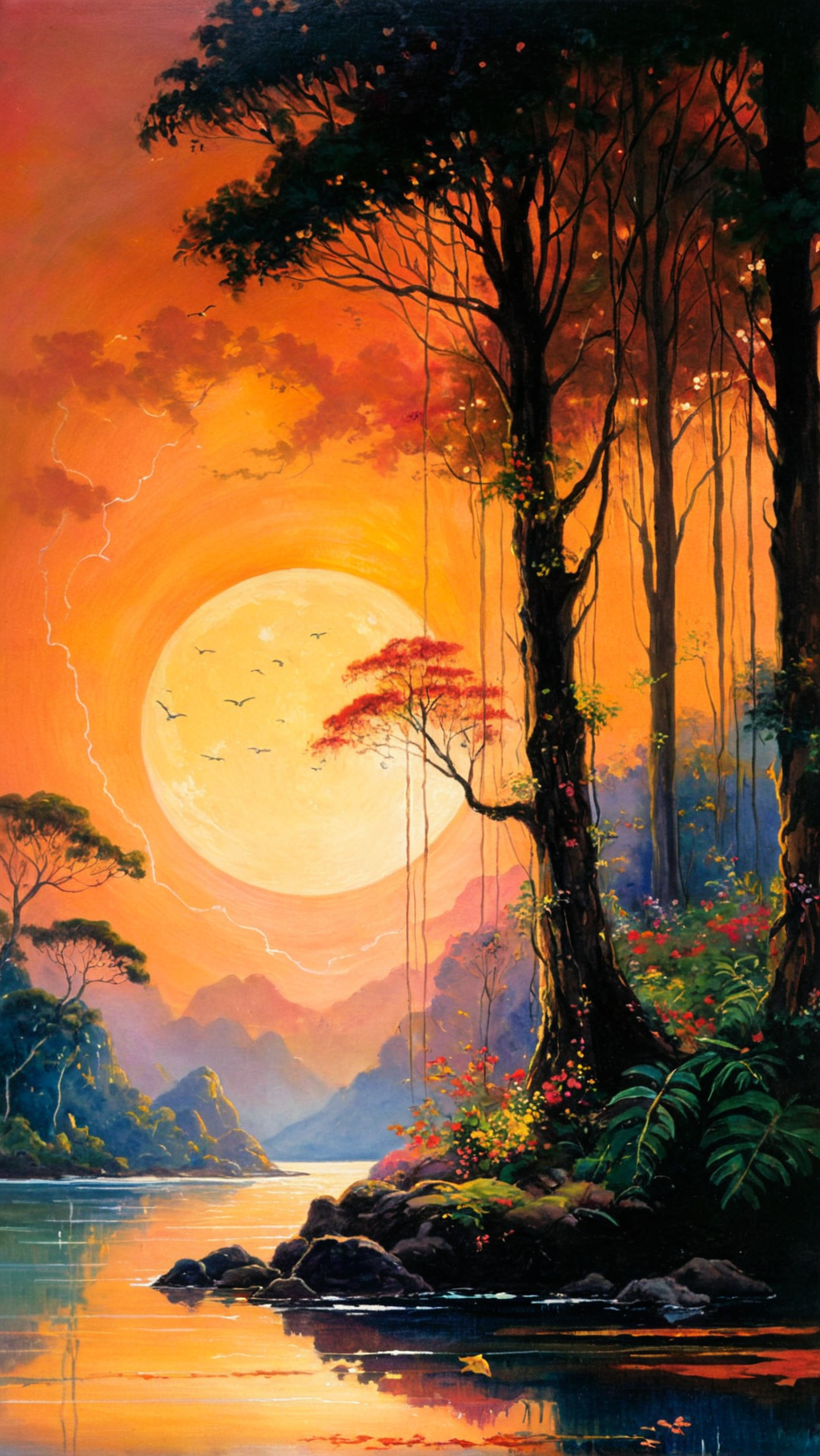 epic rainforest landscape trending on art station cinematic glowing sunset nighttime blood moon large dramatic sunset light mystic fog summerscape sunset colorful sky illuminating constellations crystal sky dark shadows amazing lighting sea trees jungle dew drops leaves crystal lustrous waters rain dark (magical painting glowing rainforest setting sun coming out from behind the clouds grand:1.3) particles flying around fire watercolor by JB Waterhouse Carne Griffiths Liu Kuo-Sung,
 <lora:add-detail-xl:1>